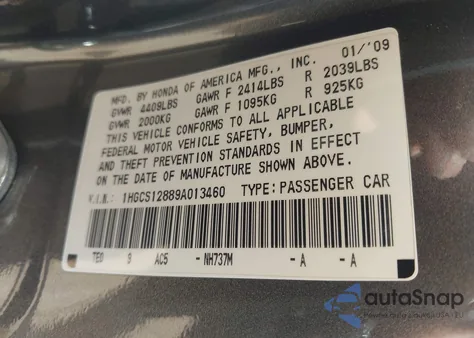 2009 Honda Accord 2.4 Ex-L from USA, damaged, VIN 1HGCS12889A013460